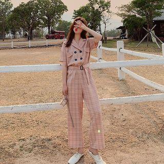 Plaid Short-sleeve Cropped Jumpsuit