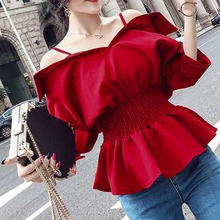 Plain Off-shoulder Elbow-sleeve Blouse