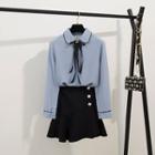 Long-sleeve Contrast Trim Ribbon Chiffon Shirt / Frill Trim A-line Mini Skirt
