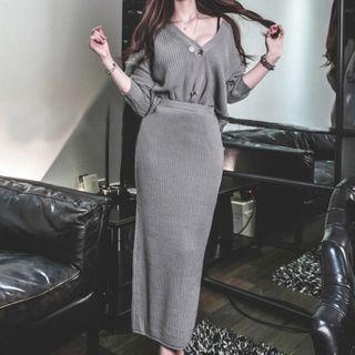 Set: V-neck Cardigan + Knit Midi Straight-fit Skirt