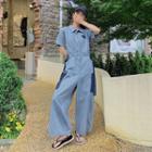 Short-sleeve Two-tone Cargo Denim Jumper Pants