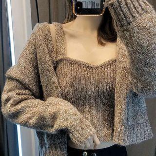 Set: Spaghetti Strap Knit Top + Cardigan Coffee - One Size