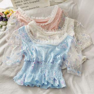 Sequined-butterfly Boatneck Mesh Top