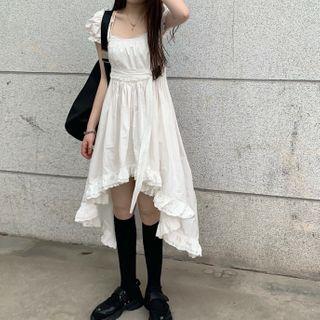 Short-sleeve Frill Trim A-line Dress White - One Size