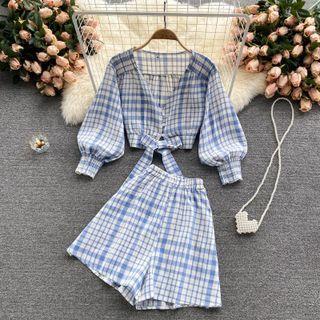 Set Of 2 : V-neck Plaid Puff-sleeve Shirt + Wide-leg Shorts