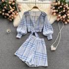 Set Of 2 : V-neck Plaid Puff-sleeve Shirt + Wide-leg Shorts