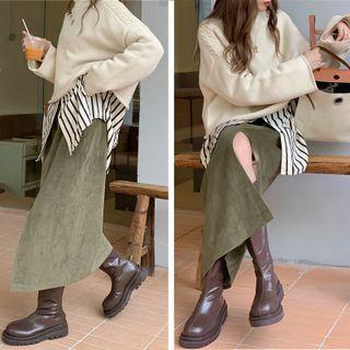 Mock-neck Plain Loose-fit Sweater / Long-sleeve Striped Shirt / Plain Skirt (various Designs)
