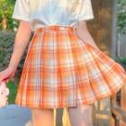 Plaid Mini Pleated Skirt / Bow Tie / Short-sleeve Flower Embroidered Shirt / Printed Tie / Set
