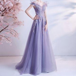 Short-sleeve Off-shoulder Mesh A-line Evening Gown