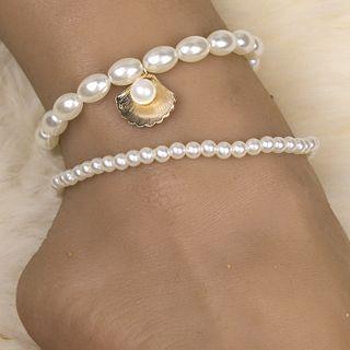 Set Of 2: Shell Pendant / Faux Pearl Anklet White - One Size