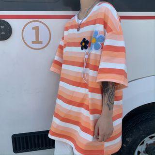 Elbow-sleeve Striped Floral Embroidered T-shirt