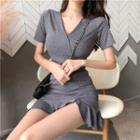 Plain Short Sleeve Frill Hem Wrap Dress