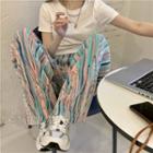 Marble Print Wide Leg Pants Stripe - White & Blue & Pink - One Size