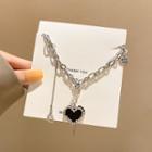 Heart Pendant Alloy Necklace X859 - 1pc - Black & Silver - One Size