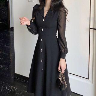 Long-sleeve Open-collar Embellished A-line Midi Dress