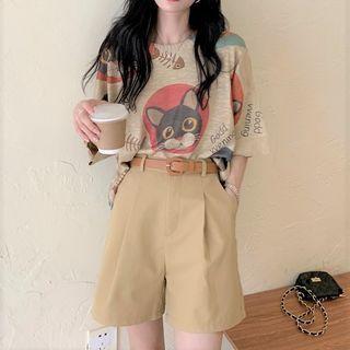 Elbow-sleeve Cat Print Knit Top / Shorts