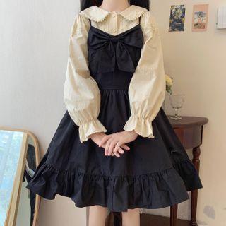 Puff-sleeve Blouse / Bow Pinafore Dress