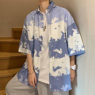Elbow-sleeve Graphic Print Color Block Shirt
