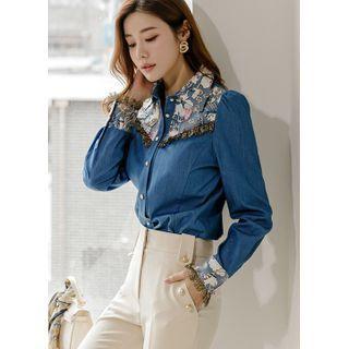 Flower-embroidery Panel Denim Blouse