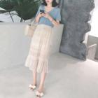 Set: V-neck Short-sleeve Blouse + Ruffle Hem Midi Skirt