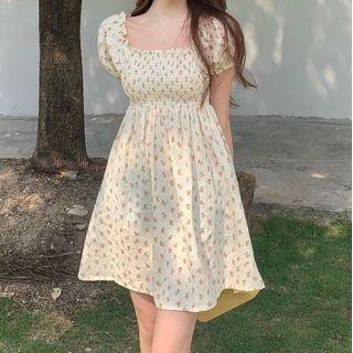 Short-sleeve Floral Print Mini Dress Floral - Off-white - One Size