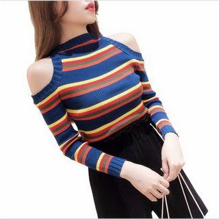 Long-sleeve Cutaway-shoulder Striped Knit Top