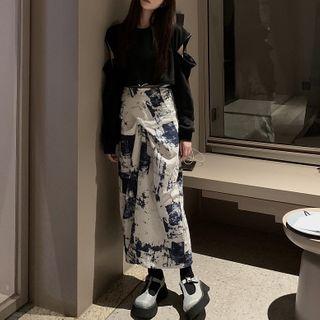 Cold-shoulder Pullover / Tie-dyed Midi A-line Skirt