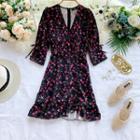 3/4-sleeve Floral Asymmetric A-line Mini Dress Black - One Size