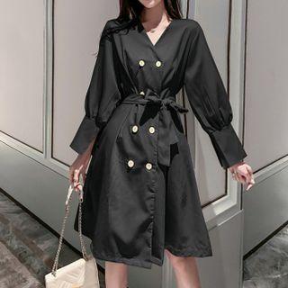 Bell-sleeve Double-breasted Mini A-line Dress