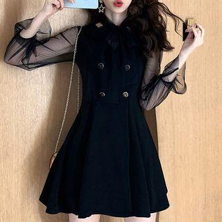 Tie-neck Double-buttoned Panel Sleeve Mini Dress