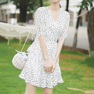 Elbow-sleeve Patterned Chiffon A-line Mini Dress