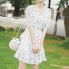 Elbow-sleeve Patterned Chiffon A-line Mini Dress