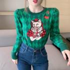 Puff-sleeve Printed Knit Top Green - One Size