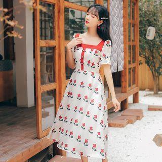 Floral Square Neck Short-sleeve Dress