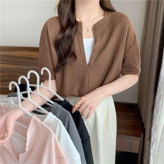 Mock Two-piece Short-sleeve Notch Neck Top