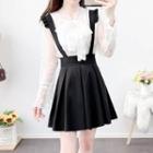 Set: Long-sleeve Tie-neck Lace Blouse + Suspender A-line Mini Skirt