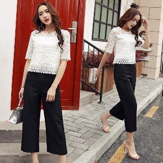 Set: Elbow-sleeve Lace Top + Cropped Pants