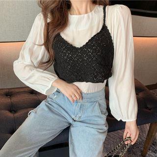 Long-sleeve Plain Chiffon Blouse / Crochet Camisole White - One Size