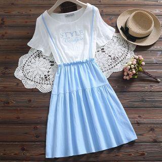 Short-sleeve Mock Two-piece Lettering A-line Dress