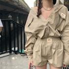 Set: Cargo Shirt + High-waist Shorts Set Of 2 - Khaki - One Size