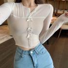 Long-sleeve Crop Lace Top Off-white - One Size