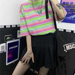 Rainbow Striped Oversized Print T-shirt As Shown In Figure - One Size