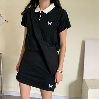 Set: Short-sleeve Butterfly Embroidered Polo Shirt + A-line Skirt