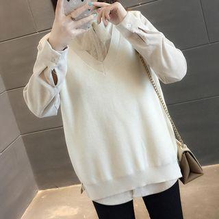 Set: Ruffle Corduroy Blouse + Knit Vest