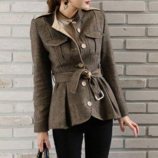 Back-zip Buttoned Tie-waist Jacket