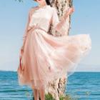 3/4-sleeve Hanfu Top / Flower Embroidered Midi A-line Skirt / Set
