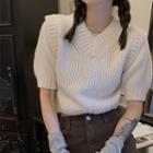 Short-sleeve V-neck Sweater Milky White - One Size