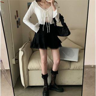 Lace Up Cardigan / Lace Trim Camisole / Mini A-line Skirt