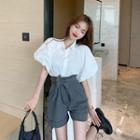 Plain Puff-sleeve Blouse / High-waist Wide-leg Shorts