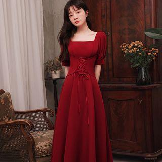 Short-sleeve Lace-up A-line Midi Evening Dress